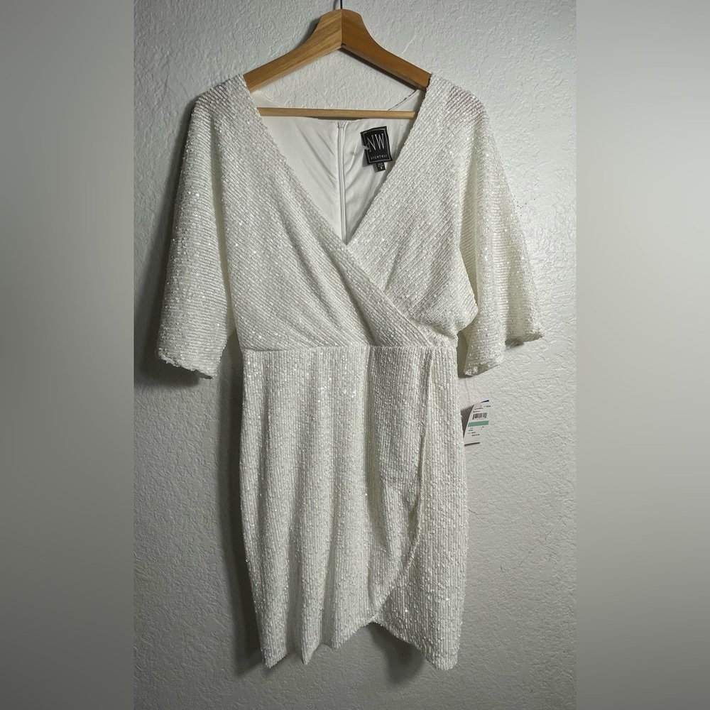 NightWay Collections White Sequined Mini Dress Dolman Sleeve Size 8